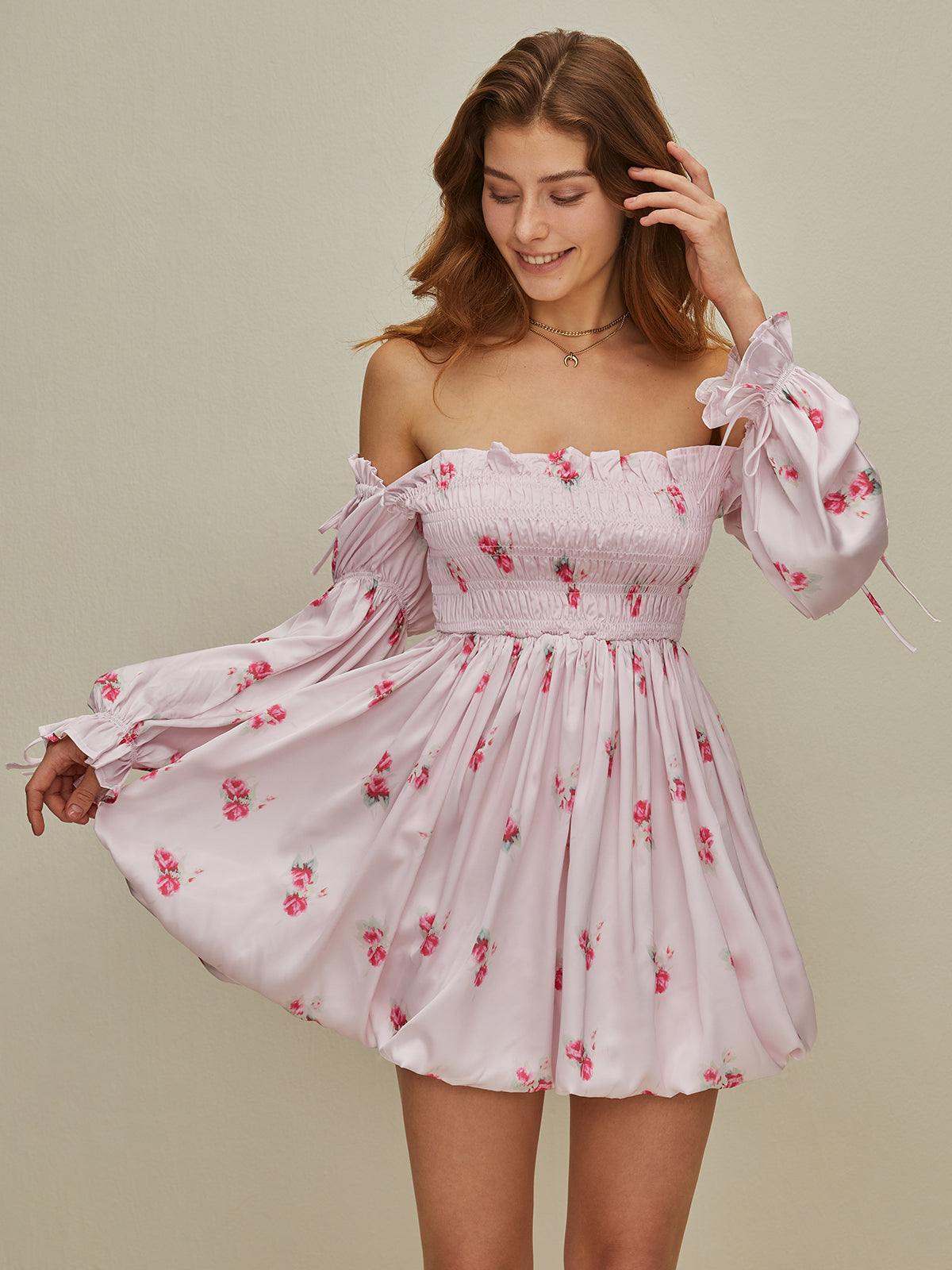 Floral Puff Sleeve Shirred Dress