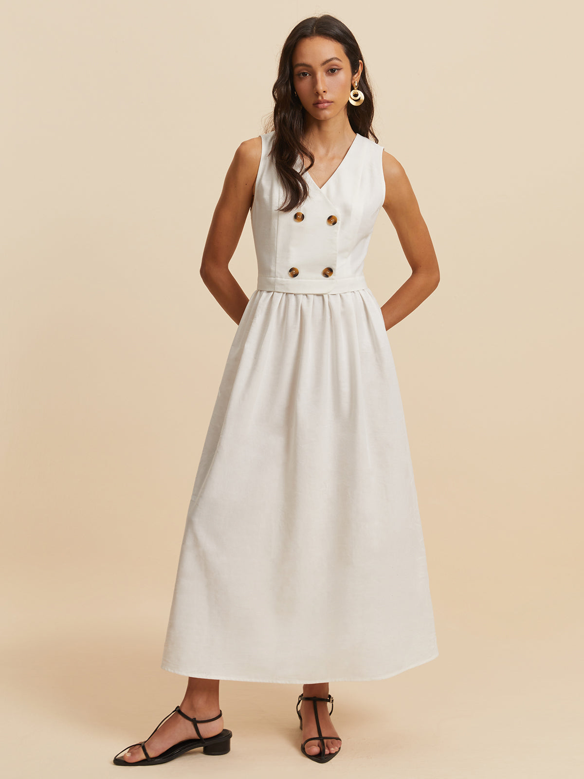 Cotton & Linen Button Sleeveless Dress